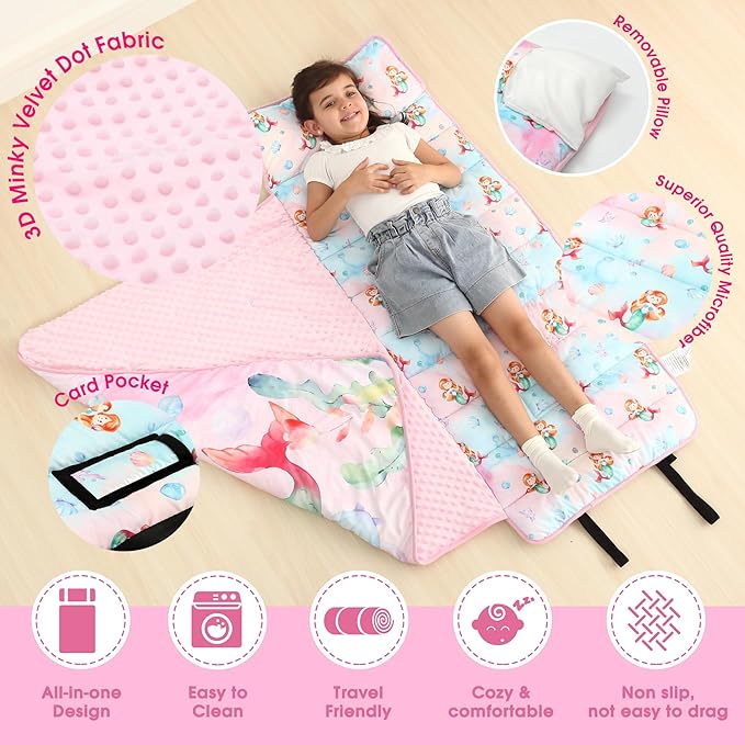 ACRABROS Toddler Nap Mat with Pillow and Blanket, Extra Large Rolled Napping Mats,Slumber Bags for Boys Girls,Kids Sleeping Bag for Daycare, Preschool Travel Camping, Shell Mermaid