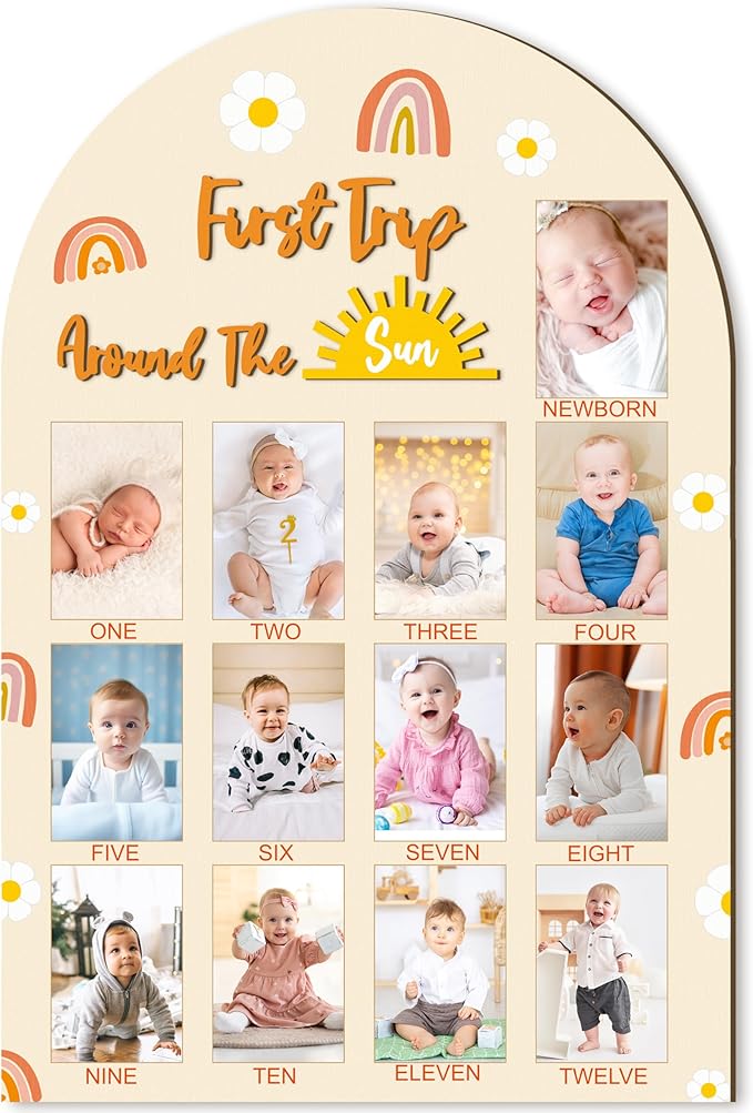 R HORSE My First Year Photo Frame Board, 3D Boho Sun Rainbow Display Wood Board, Baby’s 1st Year Picture Frame, 12 Months Milestone One Year Old Birthday Decoration, Baby Keepsake Gift for Boy Girl