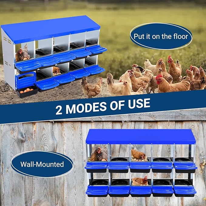 GarveeLife Chicken Nesting Box, 10 Compartments Nesting Boxes for Chickens, Chicken Laying Boxes, Roll Away Nesting Box for Chickens Laying Egg with Lid Cover to Protect Eggs, Blue