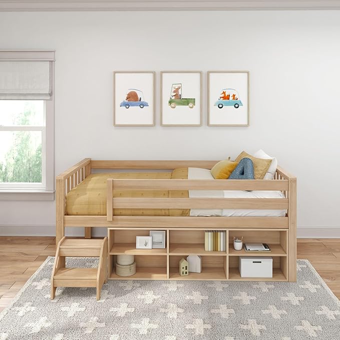 Max & Lily Soren Ultra Low Loft Bed, Twin Bed Frame for Kids with Bookcase, Blonde