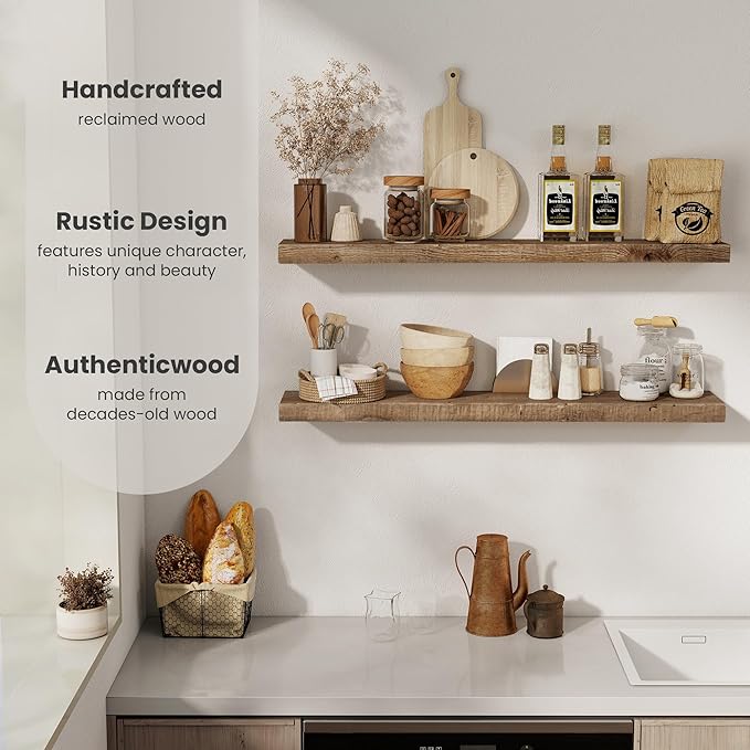 Floating Shelves Reclaimed Barnwood, 8" Deep Solid Wood Floating Shelf Wall Hanging Shelves with Invisible Heavy-Duty Metal Bracket | Wall Mounted | Farmhouse Style | 40 inches,2PCS,Natural