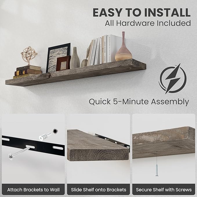 Solid Wood Floating Shelves, 8" Deep Rustic Reclaimed Barnwood Wall Hanging Floating Shelf with Invisible Heavy-Duty Metal Bracket | Wall Mounted | Farmhouse Style | 55 inches,1PC,Grey