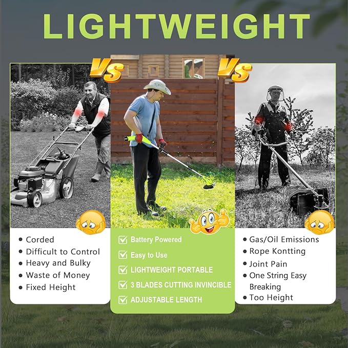 Weed Wacker Cordless,2000mah Battery Operated Weed Trimmer 3 Types Cutting Blade Lightweight Electric Grass Cutter,Fast Charger Portable Lawn Trimmer for Yard Garden