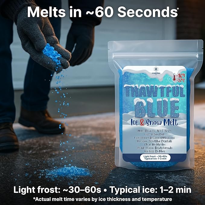 Thawtful Blue Ice & Snow Melt – Snow Melt, Rock Salt, Driveway & Sidewalk Salt for Ice, Blue Granular Rock Salt, Melts to −16°F (−27°C) – Resealable Zip Bag (3 QUARTS - 6.4 lb.)