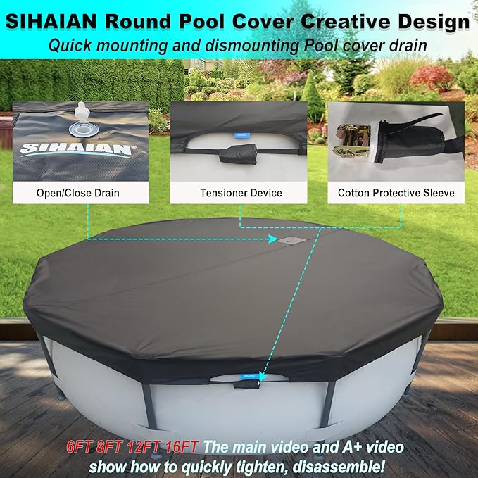 18 Ft Pool Cover, with Automatic Drain Round Pool Cover, One-Piece Quick Installation and Removal Above Ground Pool Cover, Preventing Waterlogging, UV Protected Solar Swimming Pool Cover