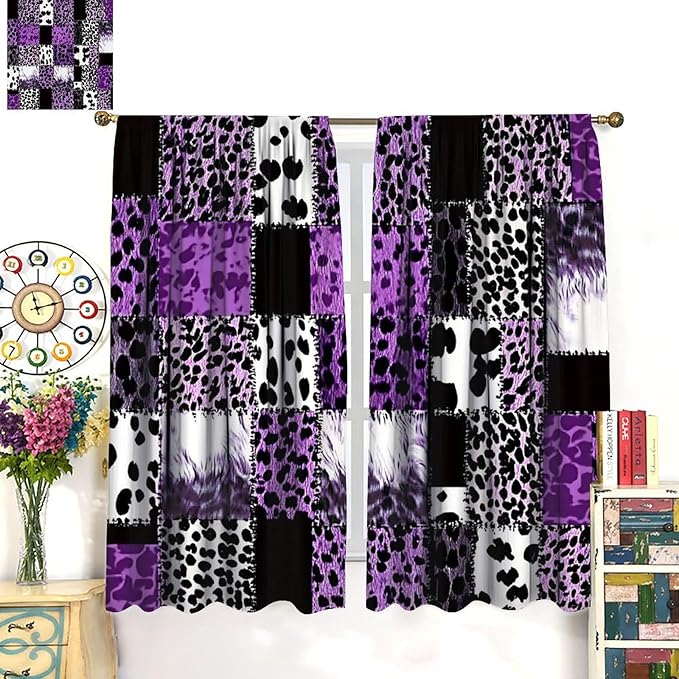 Brown Leopard Curtain, Purple Patchwork Cheetah Panthera Zebra Giraffe Print Safari Wildlife African Wild Animal Skin Window Curtains for Living Room Bedroom 63" W X 63" L