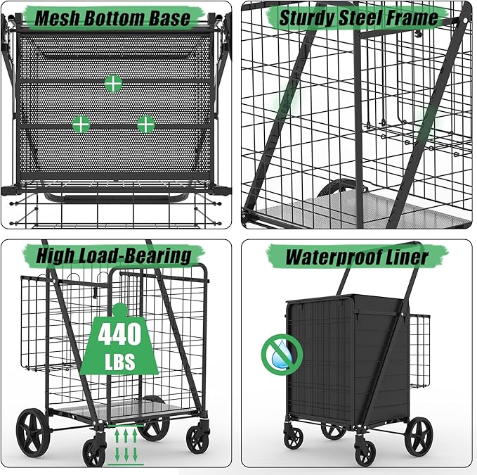 Heavy Duty Folding Shopping Cart with 360° Swivel Wheels, Waterproof Bag, Jumbo Utility Carts for Grocery, Laundry, Holds Up to 440 LBS, 37.5 Gallon