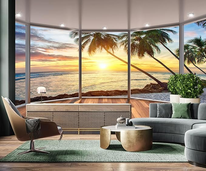 AFZEVEB-3D Landscape Wallpaper seafront verandahs Wall murals for Bedroom 114"x74"(Not Peel and Stick)