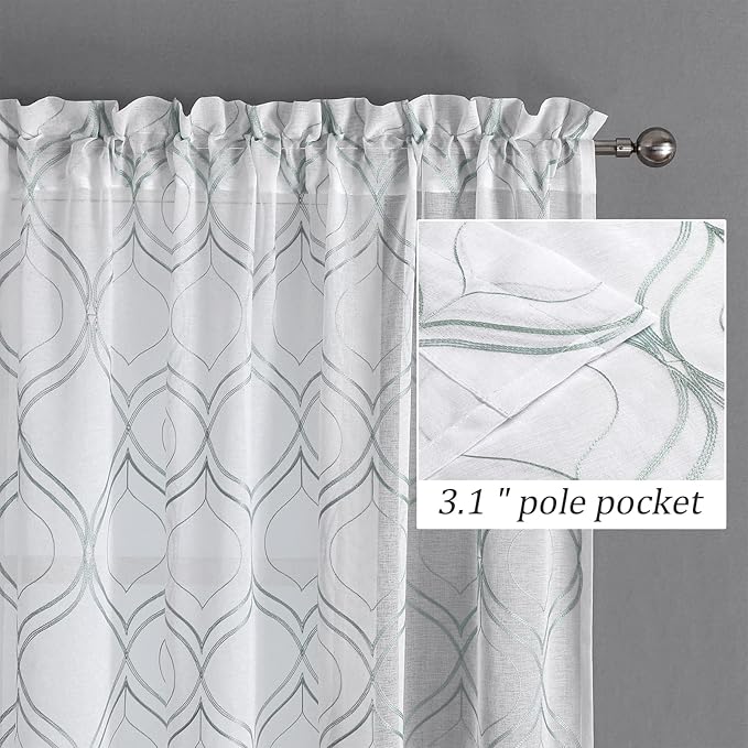 VISIONTEX White Sheer Curtains 108 Inches Long 2 Panels Set Green Moroccan Embroidered Curtains Trellis French Textured Rod Pocket Voile Tulle Semi Window Drapes for Bedroom Living Room 54 x 108 Inch