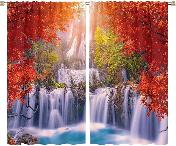 Forest Waterfall Blackout Windows Curtains, Autumn Red Green Maple Leaves Jungle Rainforest Natural Scenery Landscape Curtains, for Living Room Bedroom 72x63in 2 Panels