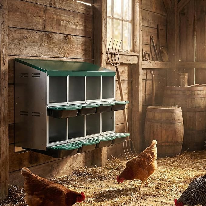 8 Compartment Chicken Nesting Box with Roll Away Egg Design - Wall Mount Hen Laying Box with Pull-Out Trays for Easy Egg Collection, Cleanable & Chicken Coop Accessories, 8 Holes, Green