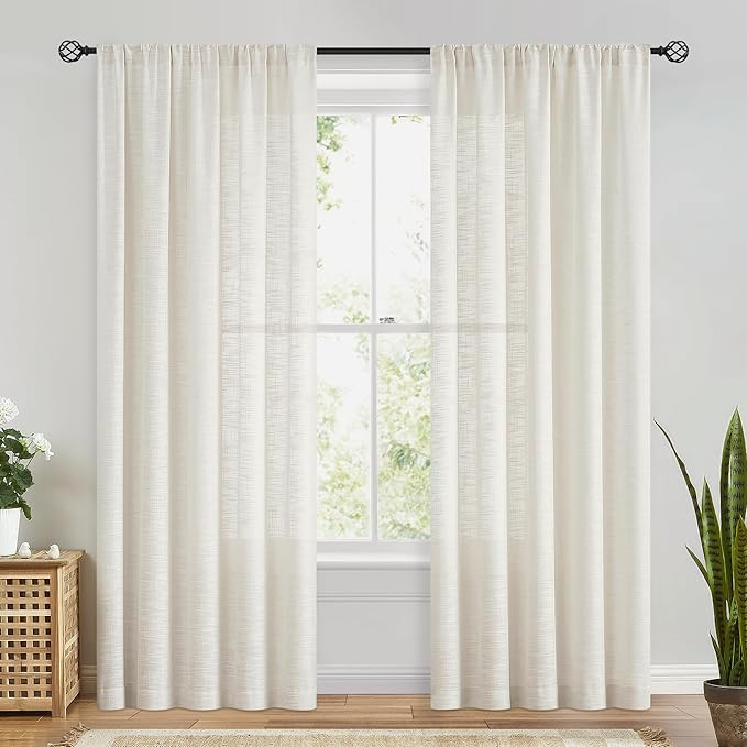 FMFUNCTEX Linen Semi Sheer Curtains 108 Inches Extra Long for Bedroom Living Room, Beige Curtain Panels Sheer Linen Textured Window Drapes Farmhouse Light Filtering Natural 2 Panels Rod Pocket