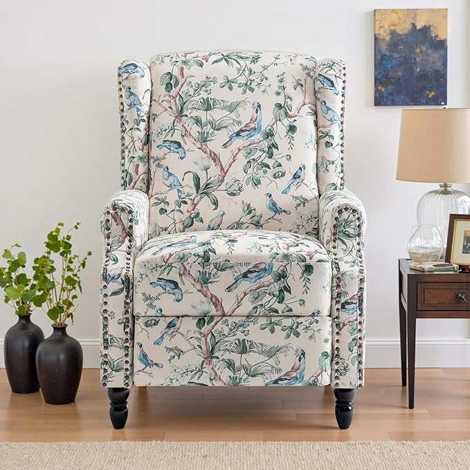 UIXE Floral Pushback Recliner Chair, Fabric Upholstered Armchair Push Back Accent Chair for Living Room, Rivet Trim Club Chair Home Theater Single Sofa Reading Seat - Bird