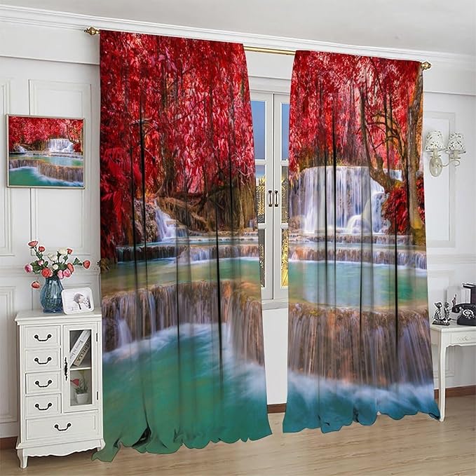 Natural Landscape Waterfall Blackout Curtains, Scenic View Waterfall Forest Autumn Window Drapes, for Bedroom Living Room 63" W X 72" L
