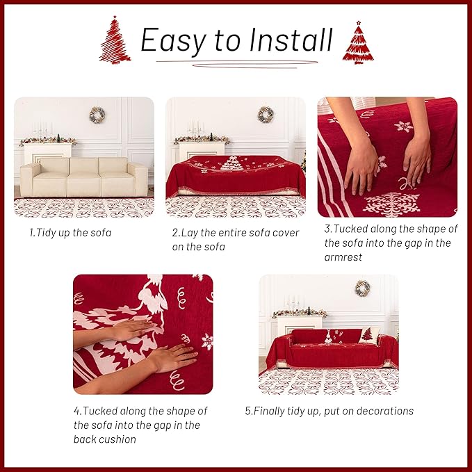 MYSKY HOME Couch Covers for Pets Thick Chenille Christmas Red Sofa Slipcover Non Slip Soft Couch Sofa Cover, Washable Furniture Protector Sofa Slipcover with Tassel for Kids, Dogs, 71"x118"