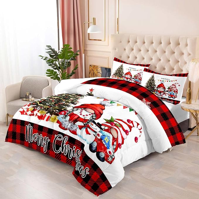 LUVIVIHOME 3PCS Merry Christmas Comforter Set King Size, Funny Gnome Bedding, Red & Black Plaid Snowflake Snowman Xmas Christmas Bedroom Decor for Kids Girls Boys Teens, White Quilt, 2 Pillow Cases