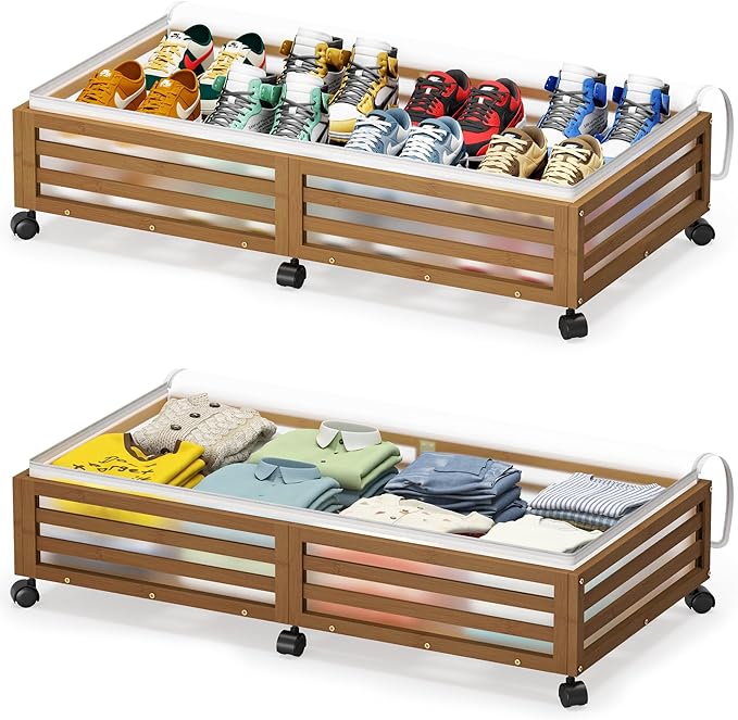 Under Bed Storage with Wheels-Large Bamboo Underbed storage Containers with Large Dust Bag Stackable Under the Bed Shoe Storage Bins for Clothes Books Bedding (2 Packs walnut, 33.07"L×16.54"W× 6.5"H)