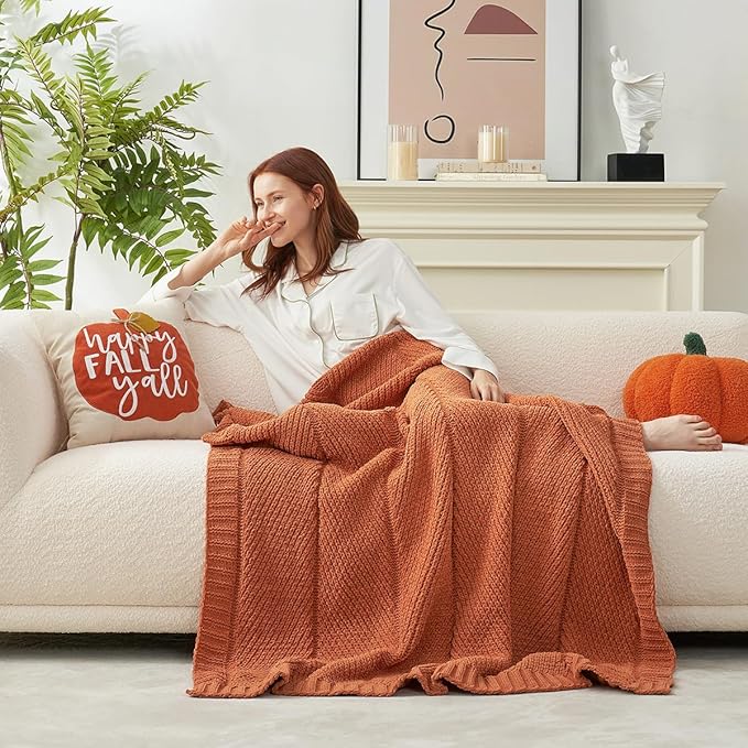 Amélie Home Chevron Chenille Knit Throw Blanket for Couch, Cozy Texture Decorative Soft Blanket for Sofa & Chair, 50"x60", Burnt Orange