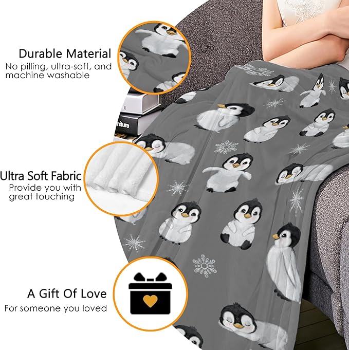 Thuswarm Cute Penguin Grey Flannel Throw Blanket Gifts Warm Cozy Soft Funny Print Blankets for Summer Room Decoration Bed Couch Sofa 120”×90” Extra Large for Family