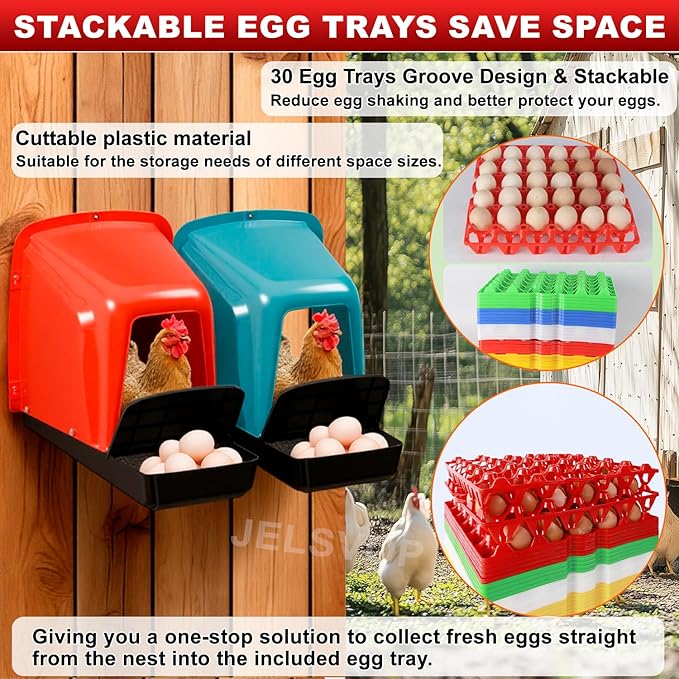Chicken Nesting Box with Plastic Egg Trays, 8 Pack Nesting Boxes for Chickens with Egg Collection, Breathable Chicken Laying Boxes & Stackable Egg Tray for Chicken Coops and Farms - Red 8 Pack