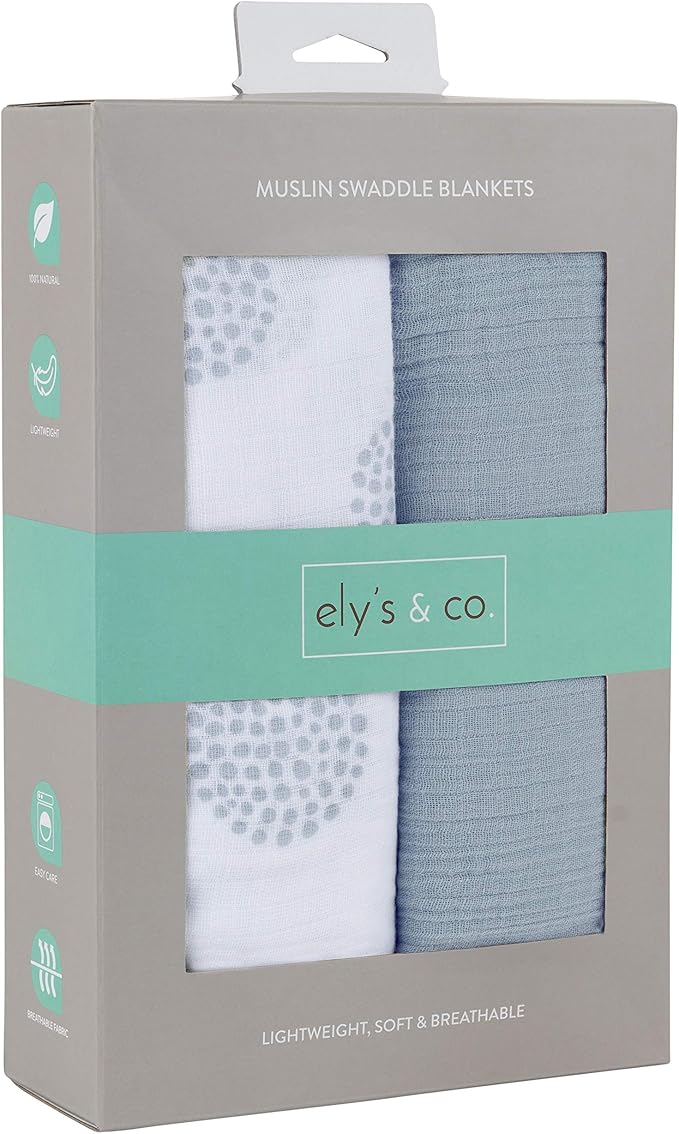 Ely's & Co. Cotton Muslin Swaddle Blanket 2-Pack for Baby Boy — 100% Cotton Muslin Extra-Large Swaddle Blankets (47” x 47”) Misty Blue, Solid & Dottie Design