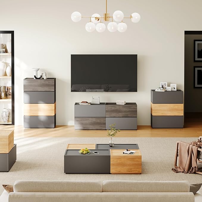 Modular Stackable Drawers, Modern Nightstand Modular Storage Bins - Storage Cabinet, Bedside Table, Sofa End Table for Living Room Hallway Entryway Walnut Small Set 1