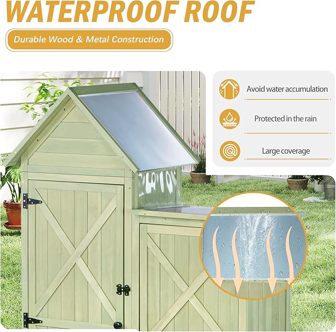 Outdoor Storage Cabinet - Waterproof Metal Roof & Wooden Vertical Design, Tall Garden Tool Shed with Multiple Shelves for Patio, Backyard, Lawn, Yard (Green, 22" x 46" x 67")