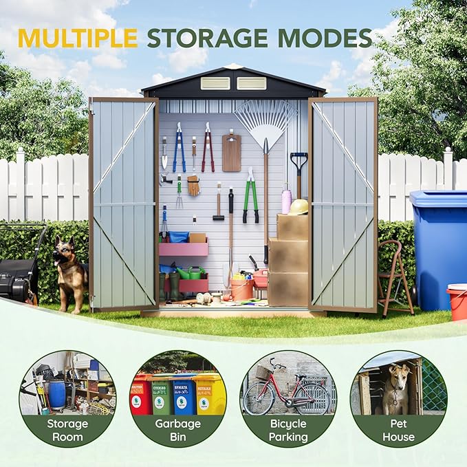 Breezz 5x3FT Outdoor Steel Storage Shed, Lockable Doors, Compact Metal Tool Shed for Garden, Backyard, Patio, Utility, and Bike Storage,Brown