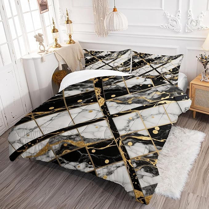Black and White Marble Comforter: Queen Size Geometric Abstract Bedding Sets Gold Lines Marbling Quilts for Bedroom Decor 3PC Bed Set 1 Comforter & 2 Pillowcases