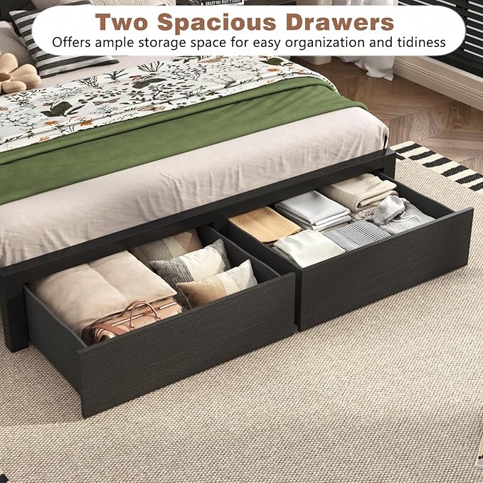 Farmhouse Queen Bed Frame with Bookcase Storage Headboard, Charging Station