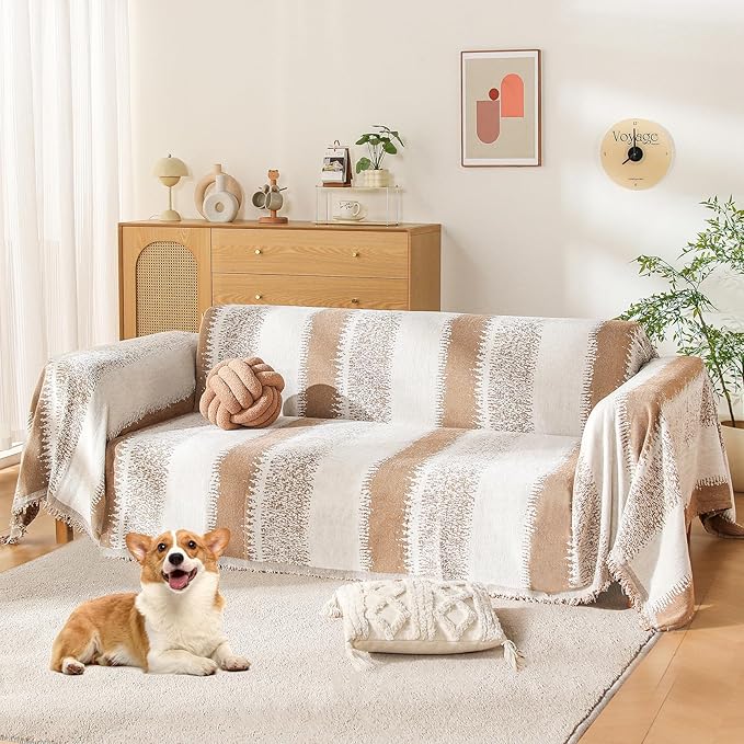Boho Sofa Cover, Couch Covers for 3 Cushion Couch Sofa Pet Friendly, Sofa Cover Washable, Soft Chenille Living Room Couch Covers Slipcover, Pet Furniture Protecto (1# Khaki, 71" x 150")