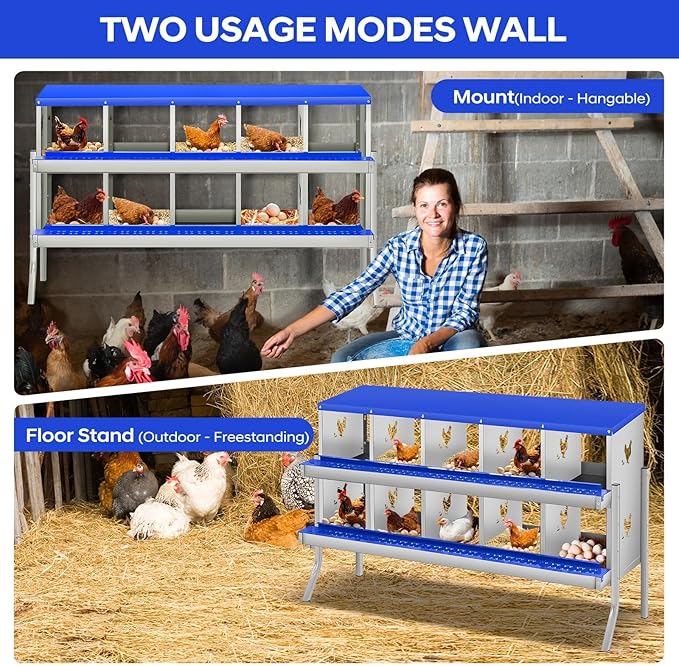 Two-Tier Removable Tray Design - Chicken Nesting Box for Small Animals - 10 Compartments, Galvanized Steel, Large Vented Holes, Wall Mount or Freestanding, Easy Clean - Blue, 10 Compartments ZW