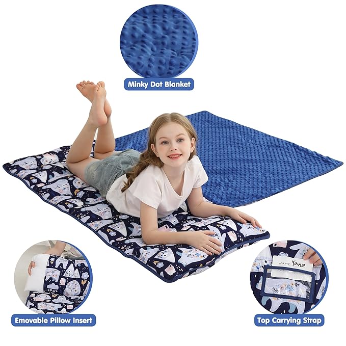 Viviland Toddler Kid Nap Mat for Preschool, Girls Deep Blue Bear Slumber Bag, Daycare Sleeping Bag with Pillow and Blanket, Kindergarten Sleep Mat