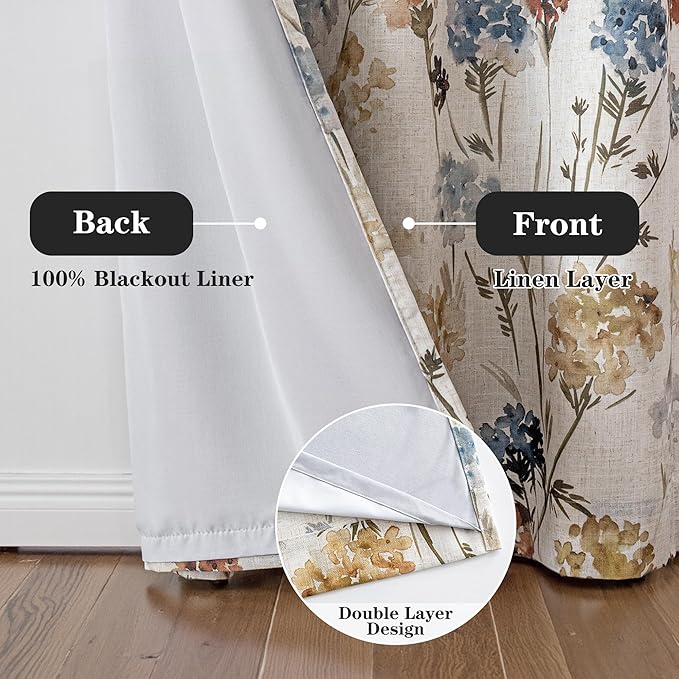 MYSKY HOME Floral Linen 100% Blackout Curtains 84 Inch Length 2 Panels for Living/Dining Room Bedroom Double Layer Thermal Insulated Farmhouse Flower Patterned Grommet Top Drapes, Yellow, 52" W Each