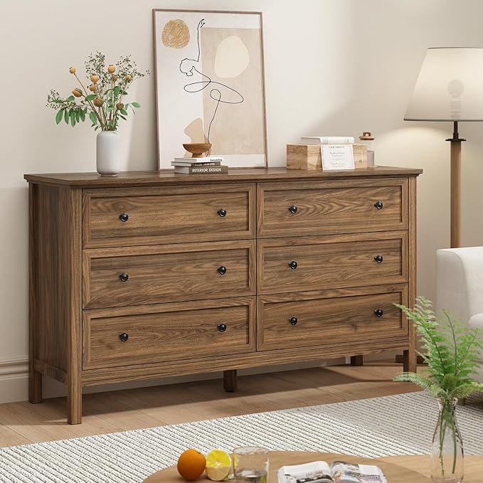 CARPETNAL 55" Walnut Dresser for Bedroom, 6 Drawer Dresser with Wide Drawer and Metal Handles, Wood Dressers & Chests of Drawers for Hallway, Entryway.