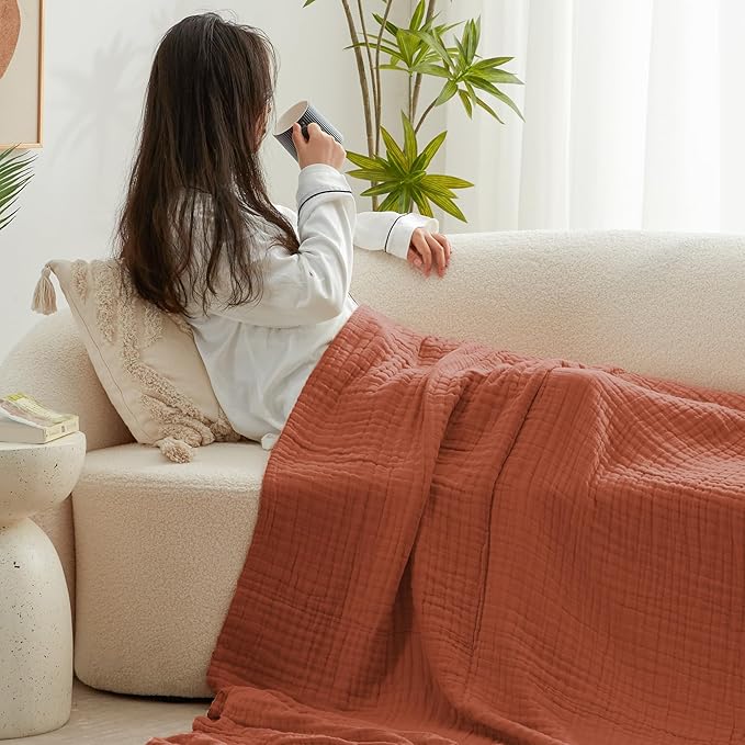 Love's cabin 6 Layer 100% Cotton Muslin Blanket, 50"x60" Throw Muslin Blanket for Couch Bed, Orange Muslin Throw Blanket, Lightweight and Breathable Cotton Gauze for Adult