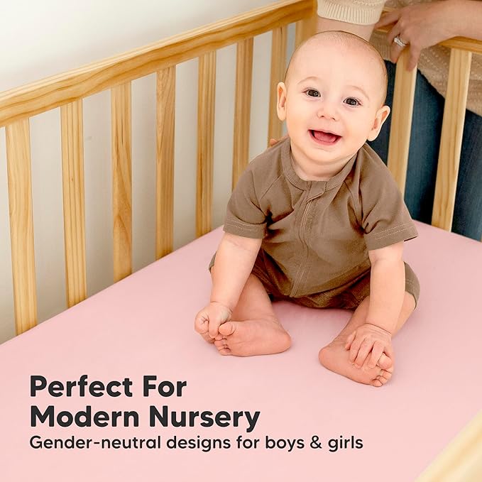 2-Pack Waterproof Baby Crib Sheets for Boys, Girls - 52x28 Viscose Derived from Bamboo Toddler Bed Sheet Neutral, Fitted Crib Mattress Protector Cover for Baby Bedding, Soft & Gentle (Rose)