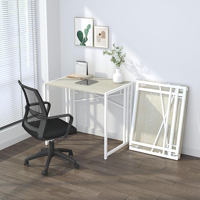 32 inch Small Folding Desk, Writing Gaming Computer Camping Desk for Small Spaces, No Assembly Required Home Office Desk, Natural and White