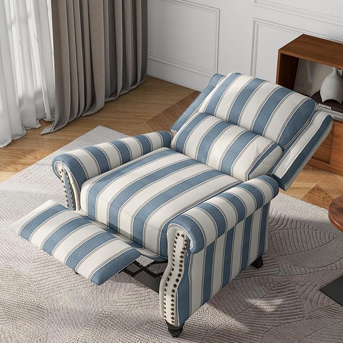 UIXE Pushback Recliner Chair Push Back Accent Chair, Fabric Overstuffed Armchair for Living Room, Rivet Trim Club Chair Home Theater Single Sofa Bedroom Reading Seat - Stripe Navy
