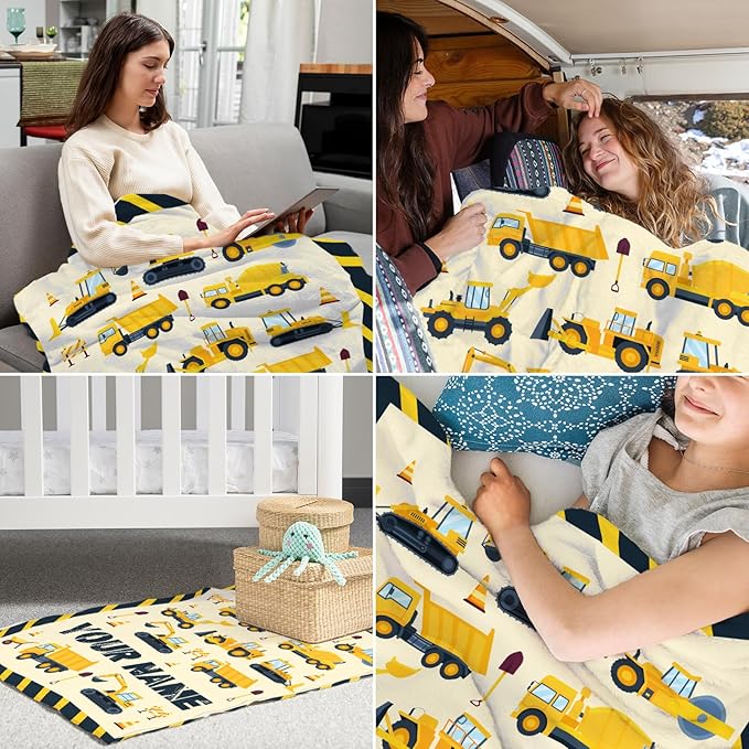 Custom Construction Blanket for Boys Girls - 40" x 50" Inches Construction Throw Blanket Gift for Kids - Flannel Warm Soft Throw for Crib, Couch, Sofa