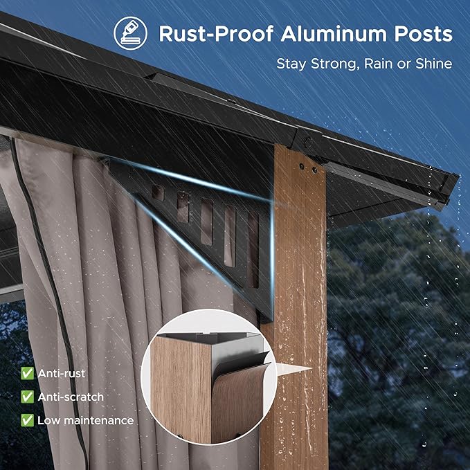 SUNJOY Kingston 20' x 12' Hardtop Gazebo with Galvanized Steel Double Roof, Curtain and Netting, Woodgrain Finish Aluminum Posts Permanent Pavilion Gazebo for Garden, Patio, Deck, Lawn