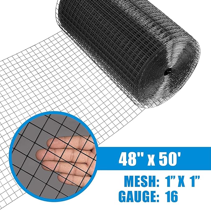 Fencer Wire 16 Gauge Black Vinyl Coated Welded Wire Mesh Size 1 inch by 1 inch for Home and Garden Fence and Pet Enclosures Protect Chickens Rabbits and Farmed Animals (d) 4 ft. x 50 ft.