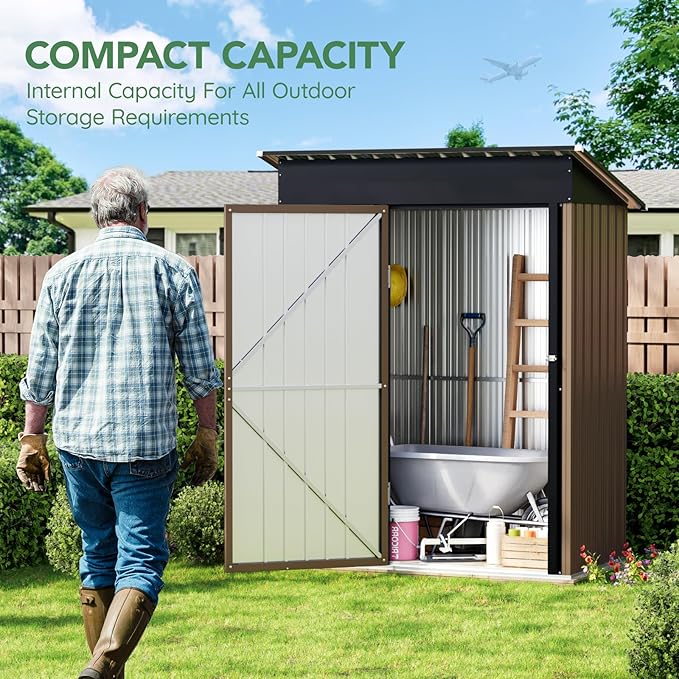 5X3FT Outdoor Steel Storage Shed with Lockable Doors, One Window,Ideal for Garden, Backyard, Patio Storage,Brown