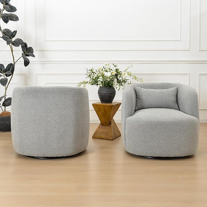 KINWELL 34" Wide Sherpa Swivel Barrel Chairs Set of 2, No Assembly Round Boucle Upholstered Accent Chairs Armchairs Single Sofa Chair with Toss Pillow for Living Room and Bedroom, Gray