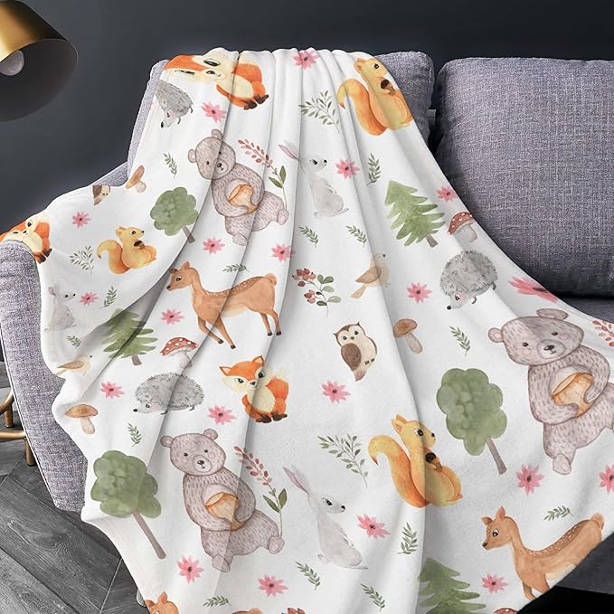 Thuswarm Cute Animals in The Woodland Flannel Blanket for Autumn Winter Gifts Warm Cozy Soft Funny Print Throw for Bed Couch Sofa 60”×50” Medium for Teen