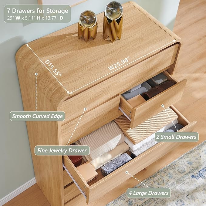 Modern 7 Drawers Dresser for Bedroom, 55" Tall Dressers & Chest of Drawers w/Curved Profile Design, Wood Mid Century Vertical Storage Dressers Organizer for Bedroom, Living Room, Natural Oak