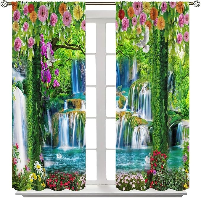 Jungle Nature Blackout Window Curtains, Trees Scenic Waterfall and River Spring Pattern Print Window Drapes, for Living Room Bedroom 72x63in 2 Panels