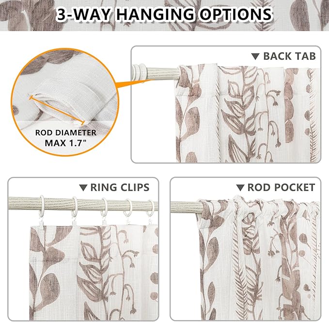 MEETSKY Brown Sheer Curtains 72 Inches Long 2 Panels Boho Curtains for Living Room Light Filtering Patterned Drapes for Bedroom Linen Style Back Tab Leaf Print Window Treatment