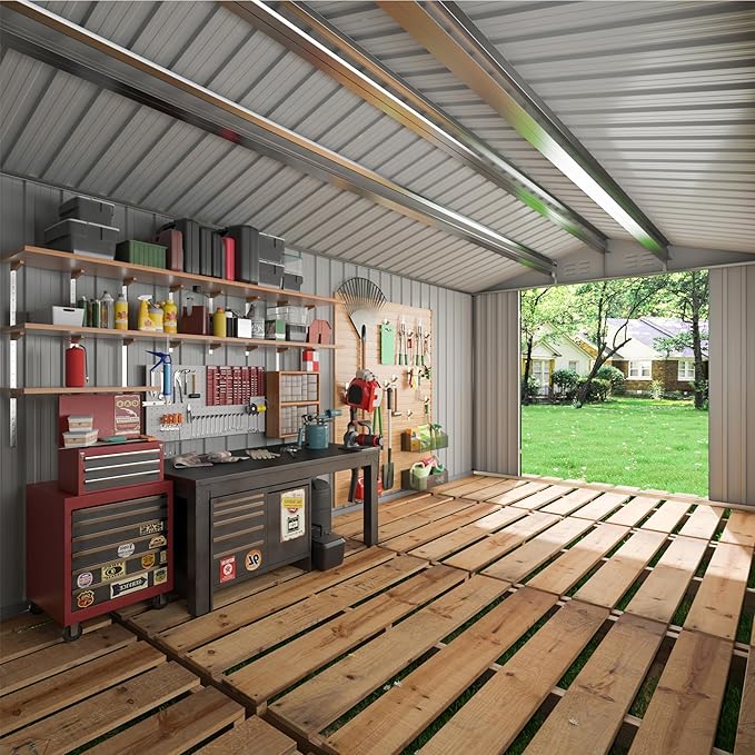 WKM 10x10 FT Outdoor Storage Shed, Utility Metal Tool Storage with Lockable Doors and Updated Frame Structure, Metal Garden Shed for Backyard, Patio Lawn, Black