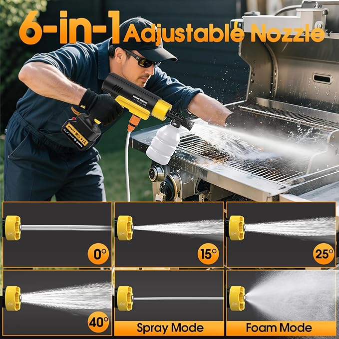 Cordless Pressure Washer Battery Powered, 130Bar/1885PSI Cordless Power Washer with 3.0Ah Battery&Charger&6-in-1 Nozzle, 3 Power Level Handheld Portable Pressure Washer Cordless for Car/Wash/Home/Yard